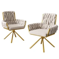 Set di 2 Sedie Imbottite in tessuto effetto velluto con Funzione Girevole a 360°, Schienale Alto e Braccioli, Struttura in Acciaio, Beige(m-2)