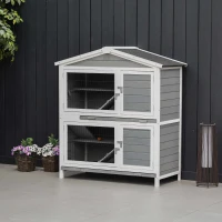 PawHut Kleintierstall 2 Ebenen Design Zwergkaninchenstall Kleintierkäfig mit Rampe Kleintier Tannenholz Hellgrau+Weiß+Schwarz 119 x 61 x 133,5 cm(m-2)