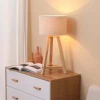 HOMCOM Tischlampe aus Holz Nachttischlampe 58 cm Tischleuchte E27-Fassung 40 W Leinen-Schirme Holzfuß Creme+Natur(m-2)