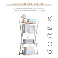 HOMCOM Bücherregal X-Form Standregal mit 4 Ebenen Aufbewahrungsregal für Wohnzimmer Schlafzimmer Küche Büro Spanplatte Metall Natur 54 x 35 x 110 cm(m-4)