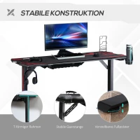 HOMCOM Gaming-tafel PC-tafel bureau met koptelefoonhaak bekerhouder computertafel metaal MDF zwart + rood 140 x 70 x 77 cm(m-5)