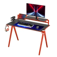 HOMCOM Gaming Tisch Schreibtisch Computertisch Arbeitstisch mit Gamepad-Halter Getränkehalter E-Sport Stil MDF Metall Schwarz+Rot 135,5 x 60 x 95 cm(m-9)
