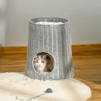 PawHut Katzenhöhle aus Rattan Katzenhaus Katzenbett Katzenkorb mit 2 Kissen Weidenkorb mit Liegedach zweistöckig geschlossenes Design handgewebt PE-Rattan Baumwolle Grau 45 x 45 x 50 cm(m-7)