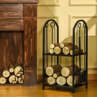 Outsunny brandhoutstandaard brandhoutplank met 4 extra brandhoutgereedschappen haardbestek 2-level design brandhoutplank brandhoutgereedschap metaal zwart 41,5 x 32,5 x 74,5 cm(m-2)