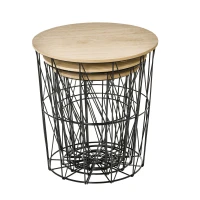 HOMCOM Couchtisch Beistelltisch 3-teilig Nachttisch Korbtisch mit abnehmbaren Deckel mit durchbrochenes modernes Design Satztisch Wohnzimmer Schlafzimmer Metall MDF Naturholz+Schwarz  Ø42 x 45H cm(m-9)