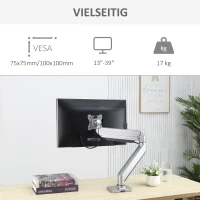 Vinsetto 13-39 Zoll Monitor Halterung Monitorhalter Monitor Tischhalterung Höhenverstellbar Neigbar Schwenkbar drehbar Aluminiumlegierung Silber 60 x 14 x 31-64 cm(m-4)