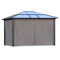 Outsunny Pavillon mit Polycarbonatdach, Vorhänge mit Fliegennetz, Alugestell, Dunkelgrau+Schwarz, 3,6 x 3 x 2,6 m(m-10)