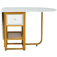 Mesa de Comedor Extensible y Plegable con Cajones y Espacio de Almacenamiento Blanco y Dorado(m-10)