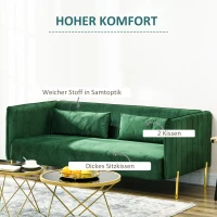 HOMCOM 3-zitsbank, inclusief 2 kussens, fluwelen look, retro design, afneembare hoes, 195 cm x 88 cm x 76 cm groen(m-4)