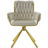 Set di 2 Sedie Imbottite in tessuto effetto velluto con Funzione Girevole a 360°, Schienale Alto e Braccioli, Struttura in Acciaio, Beige(m-10)