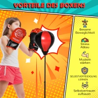 HOMCOM Boxset Boxstand für Kinder Punchingball Set höhenverstellbar 87,5-129,5 cm Standboxsack mit Boxhandschuhe Pumpe für Kinder 5-8 Jahre Metall Kunstleder Schwarz+Rot(m-4)