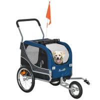 PawHut 2-in-1 Hundeanhänger Haustier Fahrradanhänger Hundetransporter Hunde Fahrrad Anhänger Oxfordstoff Atmungsaktiv Metall Oxford Gewebe Blau+Grau 122 x 58 x 74 cm(m-1)