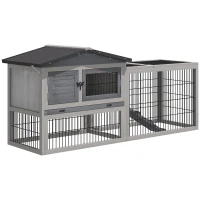 PawHut Kleintierstall kleintierkäfig mit Freigehege Meerschweinchenstall Freilaufgehege Winterfest Outdoor Tierstall Tannenholz Hellgrau 150 cm x 52,5 cm x 68 cm(m-10)