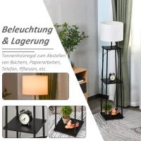 HOMCOM Stehlampe mit Regal Standleuchte Lampe Sockel E27 Polyester Stahl MDF Schwarz+Weiß 34,5 x 34,5 x 150 cm(m-4)