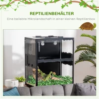 PawHut Terrarium für Reptilien, verriegelbar, Thermometer, 2 Lampenhalterungen, Wasserschale, Metall, Schwarz(m-4)