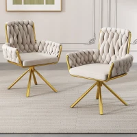 Set di 2 Sedie Imbottite in tessuto effetto velluto con Funzione Girevole a 360°, Schienale Alto e Braccioli, Struttura in Acciaio, Beige(m-1)
