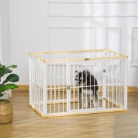 PawHut Welpenauslauf, Hundekäfig für Zuhause, Freigehege für Haustier, Hund Hundelaufstall Schutzgitter mit Tür Stahl Kiefernholz Weiß+Natur 93 x 61 x 59 cm(m-2)