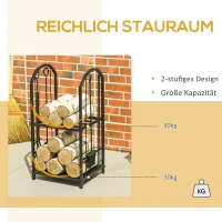 Outsunny brandhoutstandaard brandhoutplank met 4 extra brandhoutgereedschappen haardbestek 2-level design brandhoutplank brandhoutgereedschap metaal zwart 41,5 x 32,5 x 74,5 cm(m-4)