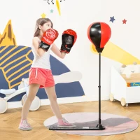 HOMCOM Boxset Boxstand für Kinder Punchingball Set höhenverstellbar 87,5-129,5 cm Standboxsack mit Boxhandschuhe Pumpe für Kinder 5-8 Jahre Metall Kunstleder Schwarz+Rot(m-2)