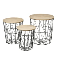 HOMCOM Couchtisch Beistelltisch 3-teilig Nachttisch Korbtisch mit abnehmbaren Deckel mit durchbrochenes modernes Design Satztisch Wohnzimmer Schlafzimmer Metall MDF Naturholz+Schwarz  Ø42 x 45H cm(m-1)
