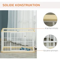 PawHut Welpenauslauf, Hundekäfig für Zuhause, Freigehege für Haustier, Hund Hundelaufstall Schutzgitter mit Tür Stahl Kiefernholz Weiß+Natur 93 x 61 x 59 cm(m-5)