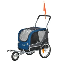 PawHut 2-in-1 Hundeanhänger Haustier Fahrradanhänger Hundetransporter Hunde Fahrrad Anhänger Oxfordstoff Atmungsaktiv Metall Oxford Gewebe Blau+Grau 122 x 58 x 74 cm(m-10)