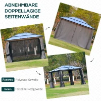 Outsunny Pavillon mit Polycarbonatdach, Vorhänge mit Fliegennetz, Alugestell, Dunkelgrau+Schwarz, 3,6 x 3 x 2,6 m(m-5)