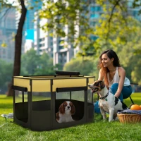 PawHut Foldable Dog Pen with Storage Bag for Indoor/Outdoor Use, Portable Pet playpen, with Ground Stakes - Yellow(m-2)