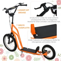 HOMCOM Kinderroller ab 5 jahre Scooter Tretroller Cityroller Kinder Roller Kickboard mit Luftreifen16/12 Zoll Orange 135 x 58 x 88-94 cm(m-5)