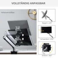 Vinsetto 13-39 Zoll Monitor Halterung Monitorhalter Monitor Tischhalterung Höhenverstellbar Neigbar Schwenkbar drehbar Aluminiumlegierung Silber 60 x 14 x 31-64 cm(m-5)