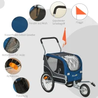 PawHut 2-in-1 Hundeanhänger Haustier Fahrradanhänger Hundetransporter Hunde Fahrrad Anhänger Oxfordstoff Atmungsaktiv Metall Oxford Gewebe Blau+Grau 122 x 58 x 74 cm(m-8)