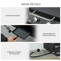 Outsunny mobilny grill gazowy BBQ z 2 palnikami stal węglowa kolor czarny 55 x 46,5 x 41 cm(m-6)