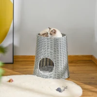 PawHut Katzenhöhle aus Rattan Katzenhaus Katzenbett Katzenkorb mit 2 Kissen Weidenkorb mit Liegedach zweistöckig geschlossenes Design handgewebt PE-Rattan Baumwolle Grau 45 x 45 x 50 cm(m-2)