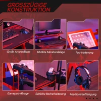 HOMCOM Gaming Tisch Schreibtisch Computertisch Arbeitstisch mit Gamepad-Halter Getränkehalter E-Sport Stil MDF Metall Schwarz+Rot 135,5 x 60 x 95 cm(m-6)