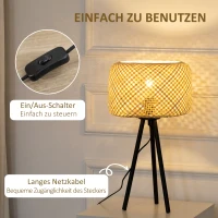 HOMCOM Tischleuchte im Boho-Stil, Lampenschirm aus Rattan, Stativ, 28 cm x 28 cm x 53 cm, Natur + Schwarz(m-5)