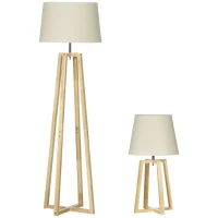 HOMCOM Stehlampe mit 1 Tischlampe 2er-Set Nachttischlampe 149 cm/68 cm Höhe Stehleuchte für Wohnzimmer Schlafzimmer Skandi-Design Weiß+Natur(m-1)