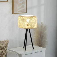 HOMCOM Tischleuchte im Boho-Stil, Lampenschirm aus Rattan, Stativ, 28 cm x 28 cm x 53 cm, Natur + Schwarz(m-7)