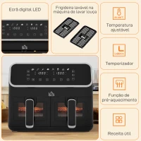 HOMCOM Fritadeira sem Óleo de 8L e 2700W com 2 Cestos Independentes 8 Programas Pré-configurados Ecrã LED Tátil 39x38,5x31 cm Preto(m-8)