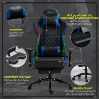 Vinsetto Gamingstuhl mit RGB LED-Leuchten Bürostuhl mit Wippenfunktion höhenverstellbarer Schreibtischstuhl Fußstütze ergonomisches Design modern Kunstleder Stahl Schwarz+Blau 71x74x 126-134 cm(m-8)