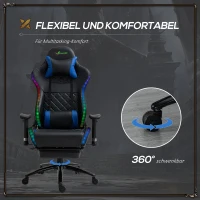 Vinsetto Gamingstuhl mit RGB LED-Leuchten Bürostuhl mit Wippenfunktion höhenverstellbarer Schreibtischstuhl Fußstütze ergonomisches Design modern Kunstleder Stahl Schwarz+Blau 71x74x 126-134 cm(m-7)