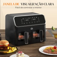 HOMCOM Fritadeira sem Óleo de 8L e 2700W com 2 Cestos Independentes 8 Programas Pré-configurados Ecrã LED Tátil 39x38,5x31 cm Preto(m-7)