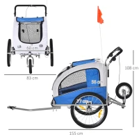 PawHut Hundeanhänger Fahrradanhänger mit Jogger-Funktion bis 20 kg Klappbar und kuppelbar Stahl Blau+Grau(m-3)