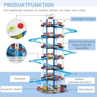 HOMCOM Parking Garage kinder Rennbahn Kinder Autorennbahn Parkgarage für Spielzeugautos mit Licht und Sound ab 3 Jahre ABS Blau+Weiß 64 x 59 x 113 cm(m-5)