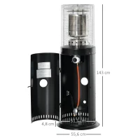 Outsunny warmtestraler terrasverwarmer met handvat wielen terrasverwarmer met automatische veiligheidsuitschakeling oprolbaar gas 10kW metaal RVS zwart Ø55,6 x 143 cm(m-3)