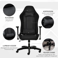 Vinsetto Gaming Stuhl mit Wipp- & Liegefunktion höhenverstellbarer Bürostuhl ergonomischer Drehstuhl mit Kopfstütze Lendenkissen 90-160° Neigungswinkel Schwarz Kunstleder 71 x 58 x 125-131 cm(m-7)