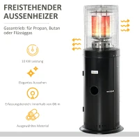 Outsunny warmtestraler terrasverwarmer met handvat wielen terrasverwarmer met automatische veiligheidsuitschakeling oprolbaar gas 10kW metaal RVS zwart Ø55,6 x 143 cm(m-7)