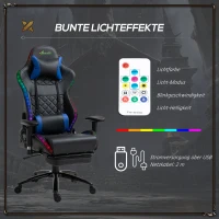 Vinsetto Gamingstuhl mit RGB LED-Leuchten Bürostuhl mit Wippenfunktion höhenverstellbarer Schreibtischstuhl Fußstütze ergonomisches Design modern Kunstleder Stahl Schwarz+Blau 71x74x 126-134 cm(m-4)