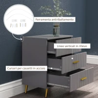 HOMCOM Cassettiera 3 Cassetti Moderna in Legno e Alluminio, 60x40x71.5 cm, Oro e Grigio Scuro(m-6)
