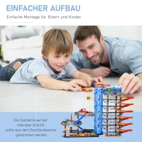 HOMCOM Parkgarage und Parkhaus für Kinder Parkgarage Spielset ab 3 Jahren Spielzeugautos Komplett mit Hubschrauber PP-Kunststoff PS Blau+Grau+Rot 92 x 46 x 71 cm(m-7)