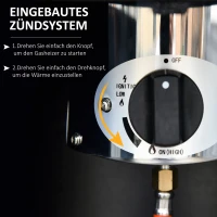 Outsunny warmtestraler terrasverwarmer met handvat wielen terrasverwarmer met automatische veiligheidsuitschakeling oprolbaar gas 10kW metaal RVS zwart Ø55,6 x 143 cm(m-6)